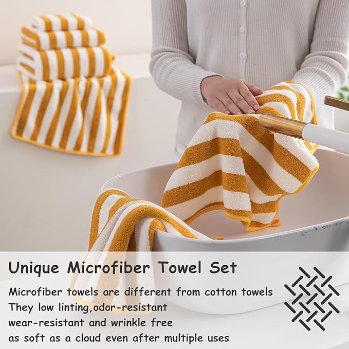 Oliven 18 Pcs Yellow Cabana Stripe Family Towels Set-6 Bath Sheets,6 Hand Towels,6 Washcloths Soft Jumbo Bathroom Towels Absorbent Shower Towel Quick Dry Beach Chair Towel Spa Gym Hotel Towel Set
