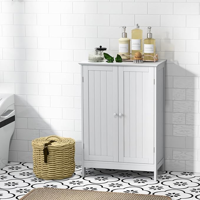 GLACER Bathroom Floor Cabinet, Wooden Storage Cabinet with Double Doors, Suitable for Bathroom, Living Room, Entryway, 23.5 x 14 x 34 inches (White)