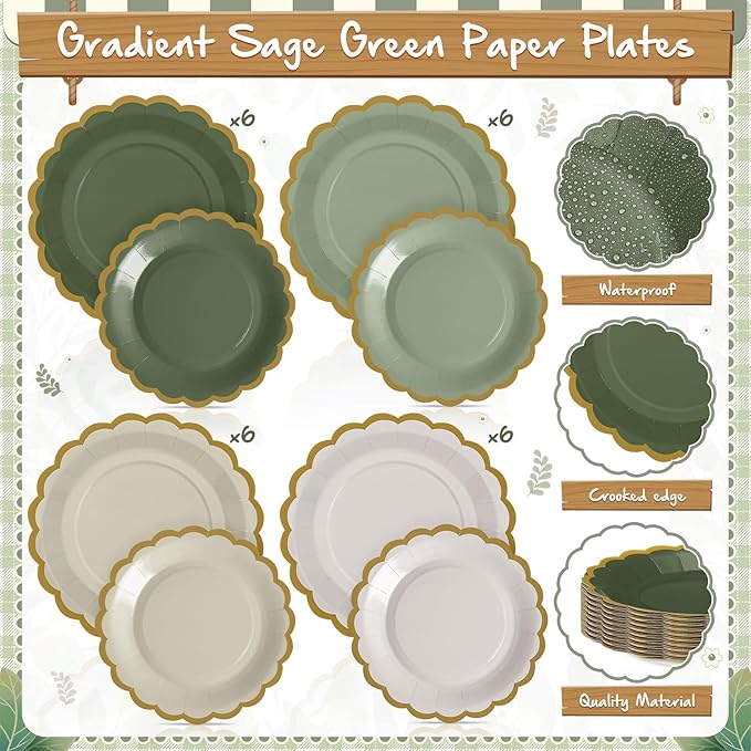 338 Pcs Sage Green Plates and Napkins Party Supplies for Guests Sage Green Tableware Include Scalloped Plates Paper Napkin Cup Spoon Fork Knife for Baby Shower, Wedding, Birthday