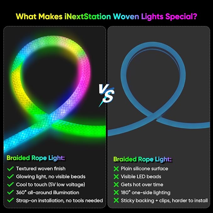 iNextStation RGB LED Strip Lights16.4FT, Braided Silicone 360° Glow Rope Lights, IP67 Waterproof, Music Sync, APP/Remote Control, USB Powered, Color Changing for Outdoor/Bedroom/Game Room/Wall Decor