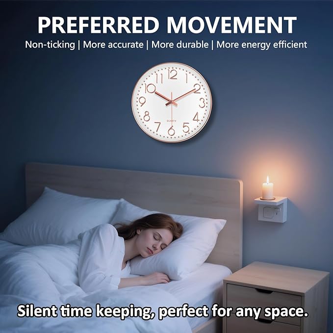 Modern Silent Wall Clock - 12 Inch Wall Clocks Battery Operated Large Number, Non-Ticking Analog Clock with Tempered Glass Quartz Clocks for Living Room Bedroom Office Kitchen, Rose Gold
