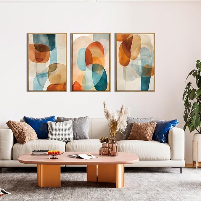 Large Abstract Color Block Framed Canvas Wall Art,Boho Orange and Blue Ovals Wall Decor,Modern Colorful Shape Artwork,Watercolor Geometric Art Print for Living Room,Bedroom,Office- 24"x36"x3