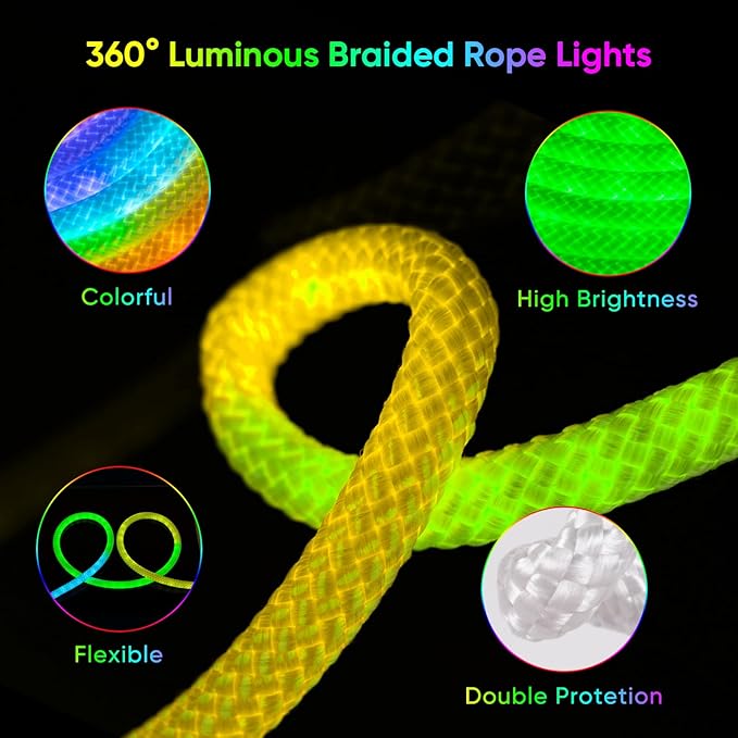 iNextStation RGB LED Strip Lights16.4FT, Braided Silicone 360° Glow Rope Lights, IP67 Waterproof, Music Sync, APP/Remote Control, USB Powered, Color Changing for Outdoor/Bedroom/Game Room/Wall Decor
