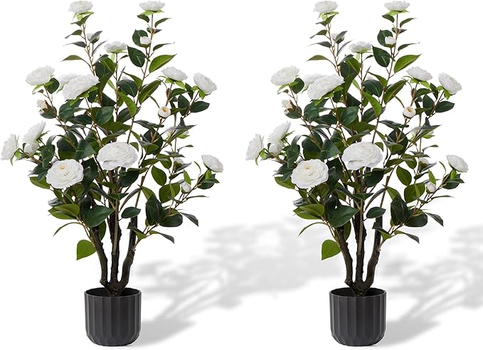 3.2FT Artificial Camellia Trees, White Silk Flowers, Indoor Faux Plants with Realistic Trunk in Black Cement Pot for Home House Living Room Bedroom Office Decor, 2pcs