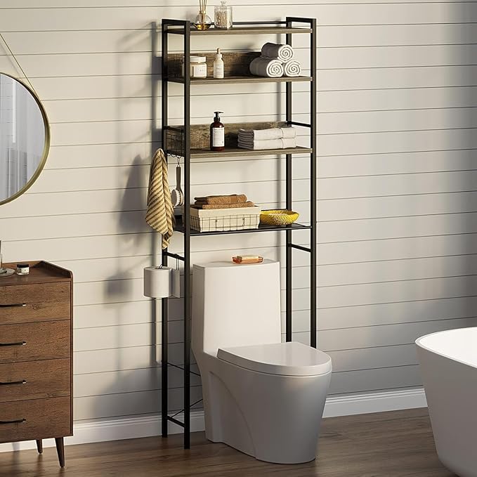 Rolanstar Over The Toilet Storage 4-Tier, Freestanding Bathroom Organizer, Sturdy Behind Toilet Rack with Hooks, Space-Saving Design, Fits Most Toilets, Gray