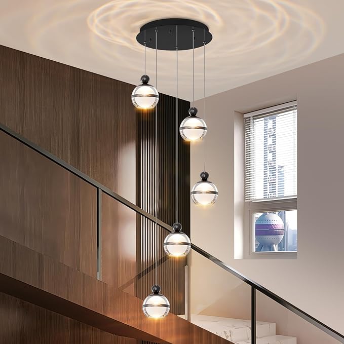 Modern Black Pendant Lighting LED Dimmable Hanging Pendant Light Fixtures Globe Cluster Pendant Lights Kitchen Island for Dining Room Living Room Bedroom Stairs 5 Lights