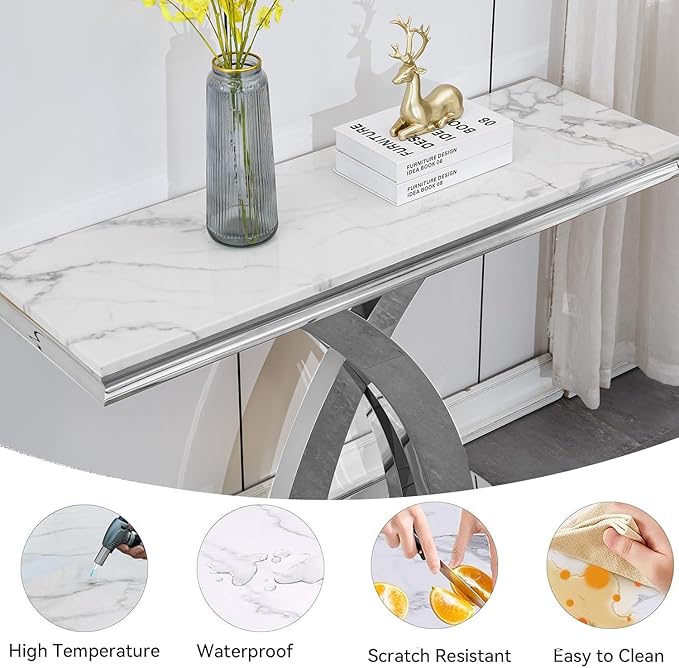 Marble Console Entryway Table, 47 inch Faux Marble Narrow Long Sofa Table, Modern White Tall Accent Table for Living Room, Entrance Table with Silver Geometric Stainless Steel Frame