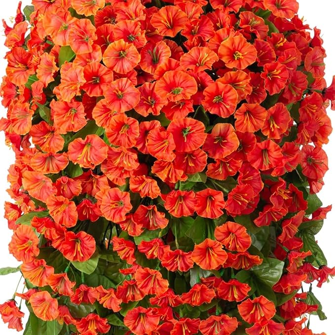 Artificial Fake Fall Hanging Flowers Plants with Basket for Outdoor Decor, Faux Silk Realistic Morning Glory Floral Arrangement Planter UV Resistant for Outside Porch Patio Balcony Garden (Orange)