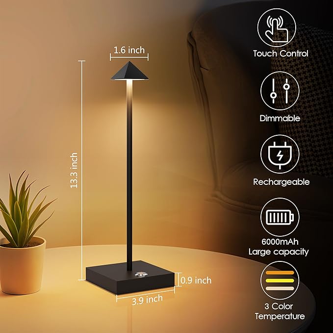Aipsun 2 Pack Cordless Table Lamp Modern LED Battery Powered Table Lamp Rechargeable 3 Color Light Stepless Dimming Touch Lamp for Table,Living Room,Bedroom,Dining Room