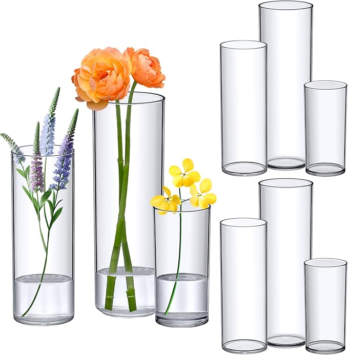 Amazing Abby - Viola Magra - Plastic Cylinder Vases (9-Piece Set), Acrylic Flower Vases for Wedding Centerpieces, Home Decorations, Office Ornaments, Shatter-Proof, 6" + 9" + 12" (H) (Not Glass)