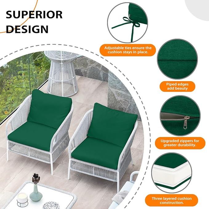 Sundale Outdoor Olefin Deep Seat Cushion, Patio Chair Cushion and Pillow, Water-Resistant Sectional Sofa Pad with Straps Dark Green, 24 x 24 x 4 Inches