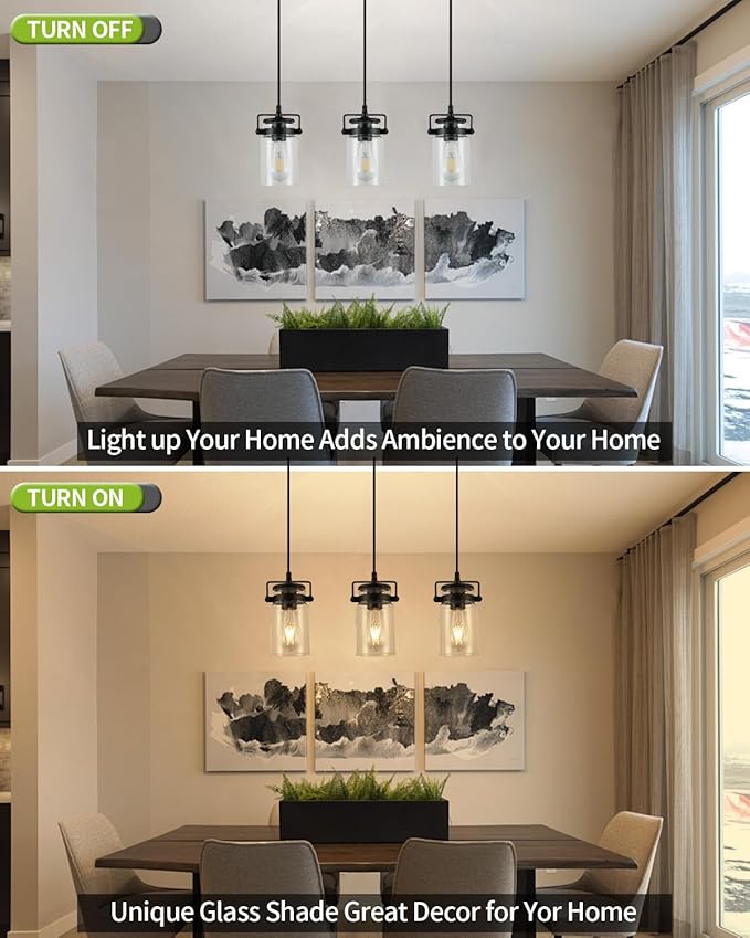 Pendant Lighting for Kitchen Island, Modern Glass Pendant Light Linear Chandelier for Dining Room Industrial Hanging, 3 Light Fixture Adjustable Cord Farmhouse Ceiling Light Black Finish
