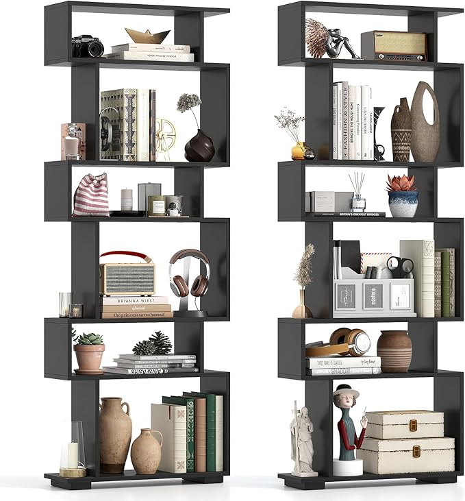 Tangkula 6-Tier S-Shaped Bookshelf, 64" Freestanding Geometric Bookcase, Home Office Wood Storage Shelf with Anti-Toppling Device, Room Divider Display Rack for Study, Living Room (2, Black)