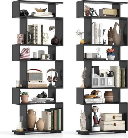 Tangkula 6-Tier S-Shaped Bookshelf, 64" Freestanding Geometric Bookcase, Home Office Wood Storage Shelf with Anti-Toppling Device, Room Divider Display Rack for Study, Living Room (2, Black)