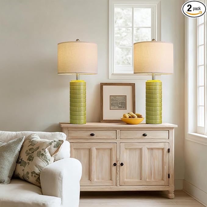 PoKat 27.5'' Tall Table Lamps for Living Room Set of 2, Mid Modern Century Ceramic Bedroom Lamps for Night Stands, Bedside Lamps for Bedroom, Nightstand Lamps for Side End Table Hallway, Green