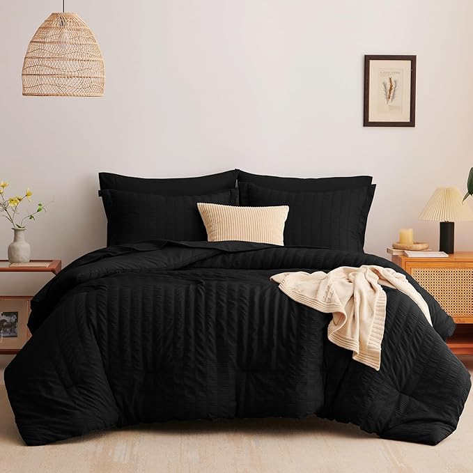 CozyLux Full Size Comforter Sets with Sheets Seersucker 7 Pieces Black Bed in a Bag Textured Luxury Soft Bedding Set with Down Alternative Comforter, Sheets, Pillowcases & Shams for All Seasons