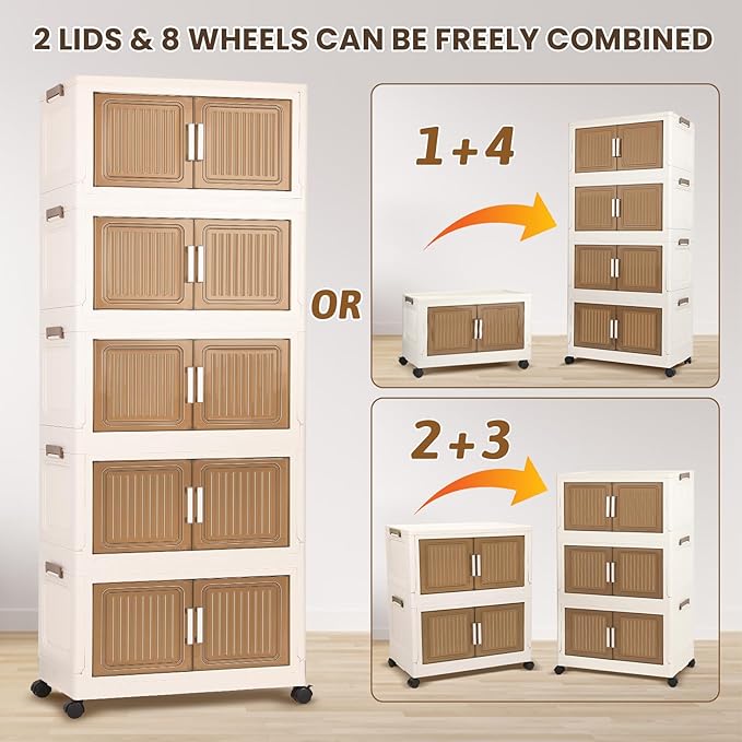 5 Packs 330 QT Stackable storage bins with Lids, 82.5 Gal Plastic Storage Bins With Lids with wheels, Collapsible Storage Box with Lid,Closet Organizers and Storage for Home, Dorm, Office,Outdoor