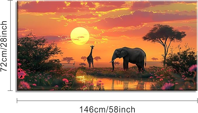 Giraffe and Elephant on Grassland Wall Art Decor Artwork for Bedroom (30x60 Inches)