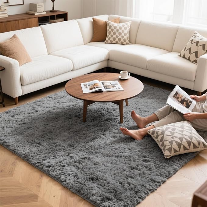 Light Grey Fluffy 9x12 Area Rug for Living Room, Plush Shag Rugs for Bedroom, Large Soft Furry Carpets for Kids Room, Modern Indoor Nursery Carpet for Classroom Dorm Cozy Comfy Home Decor