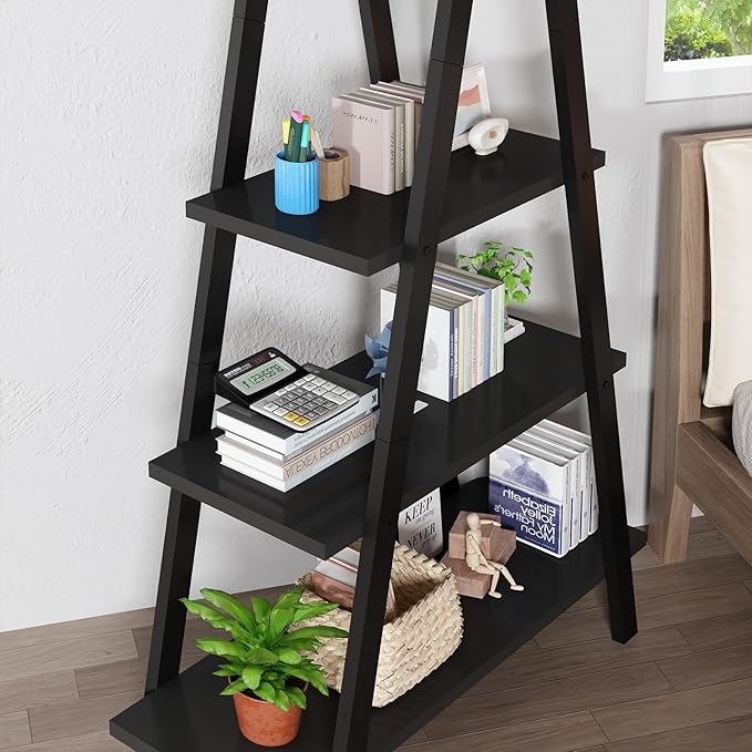 DKLGG 4-Tier A-Shaped Bookshelf, Industrial Metal Bookcase, Standing Bedroom Ladder Shelf, Open Display Shelves, Plant Stand Shelf Indoor, MDF Bookshelves for Living Room, Office, Small Spaces
