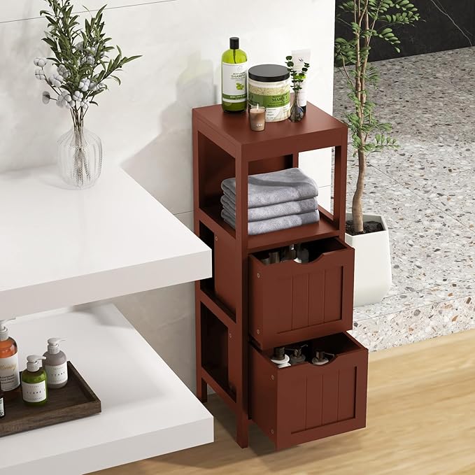 Tangkula Small Bathroom Storage Cabinet with 2 Removable Drawers, Wood Freestanding Floor Cabinet for Bathroom, Anti-Tipping Device, Side Corner Cabinet for Small Spaces (Brown)