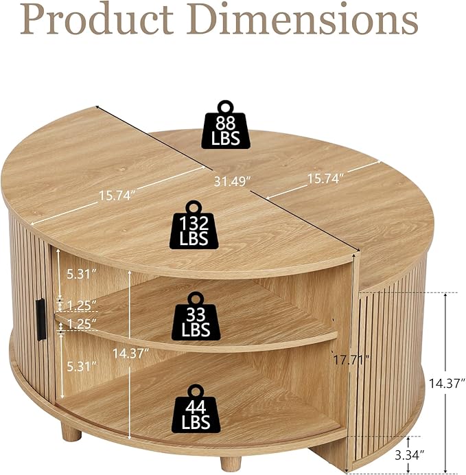 Round Coffee Table, Fluted Coffee Tables with Sliding Doors, Modern Circle Accent Center Table with Storage for Living Room, Apartment, Home Office (Natural)