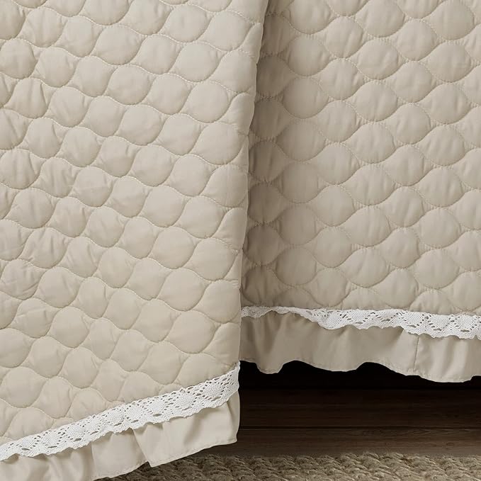 Lush Decor Ella Ruffle Lace Quilt, 3 Piece Set, Full/Queen, Neutral - Cute Quilt - Queen Bedding Set - Beige Bedding Full Size - Coquette Decor - Neutral Ruffle Trim - Beige Lace Trim