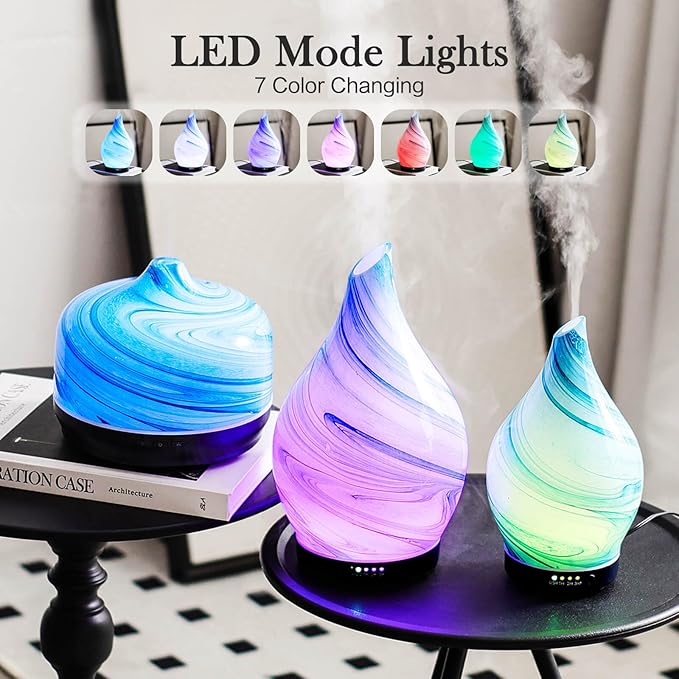 Porseme 280ml Essential Oil Diffuser Glass Color Changing Aroma Air Diffusers Aromatherapy Ultrasonic Cool Mist Humidifier 7 Running Hours Waterless Auto-Off for Sleeping, Yoga, Office, Spa (Blue Ink)