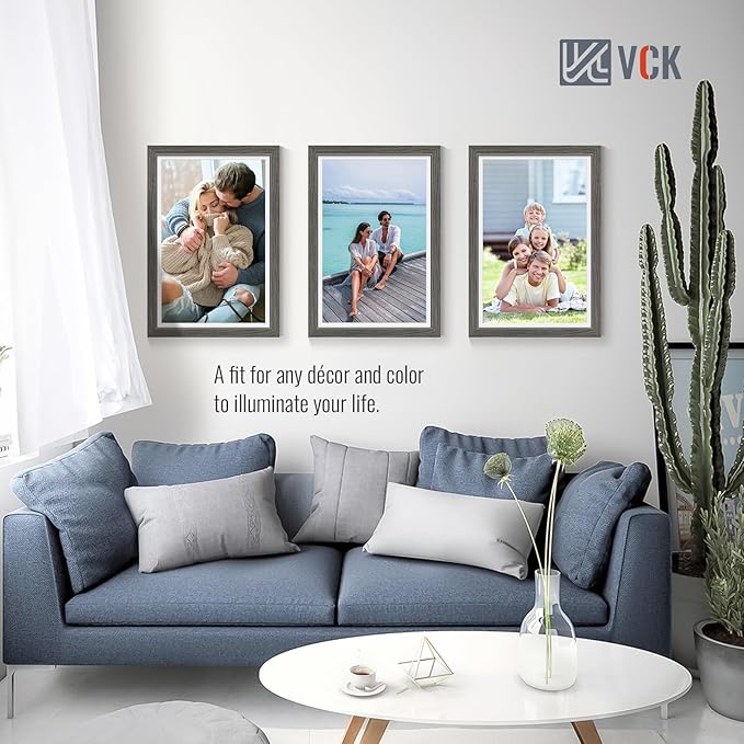 VCK 12x18 Picture Frame 5 Pack - Grey, High-End Wood Poster Frames with Tempered Glass, Display 11x17 Photo with Mat or 12x18 without Mat, Art Gallery-Quality, Wall Hanging, Grey