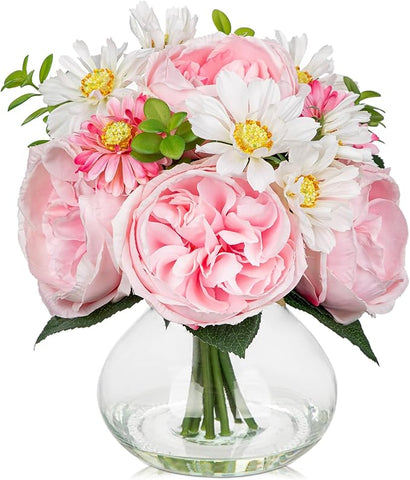 Hollyone Pink Roses Peonies Mums Artificial Flower Arrangement in Glass Vase White Silk Peony David Austin Rose Little Daisy Mixed Faux Flowers with Faux Water with Vase Fake Floral Bouquet Home Decor