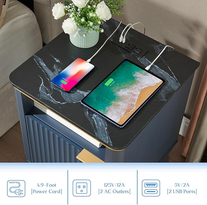 QUW Fluted Nightstand with Charging Station, Bedside Table with Open Storage and Cabinet, 18" Modern Side Table, End Table for Bedroom, Living Room, Navy Blue