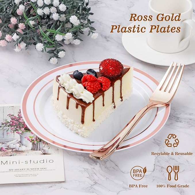 100PCS Rose Gold Plastic Plate, Disposable Party Plates with 50 Dinner and 50 Dessert Plates, Plastic Plate for Party, Wedding and Birthday