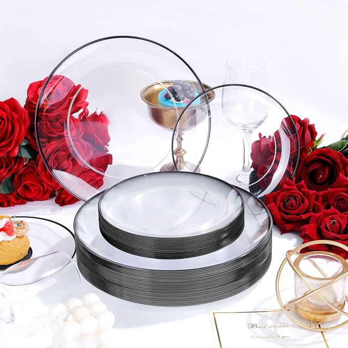 LIYH 120 Pcs Black Plates Disposable for Party - Clear Plastic Disposable Heavy Duty Plastic Party Wedding Plates Including 60 Dinner Plate 10.25" & 60 Dessert Plate 7.5 "