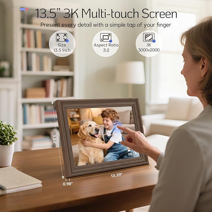 NexFoto 13.5 Inch Touchscreen Digital Picture Frame 3K Resolution, WiFi Digital Photo Frame 64GB, Add Photos from Google Photos, Easy to Share Photos/Videos via App/USB/Micro SD, Gifts for Mom, Walnut