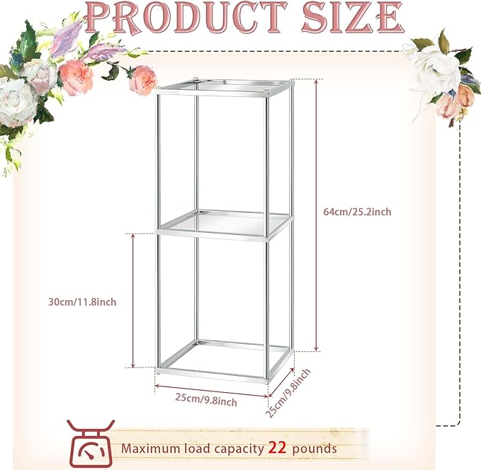 2-Tier Metal Flower Stand Set with Acrylic Shelves, Geometric Display Rack for Wedding Centerpieces, Party Decor, Tall Floor Vase Stand (Silver, 2 Pcs-25)