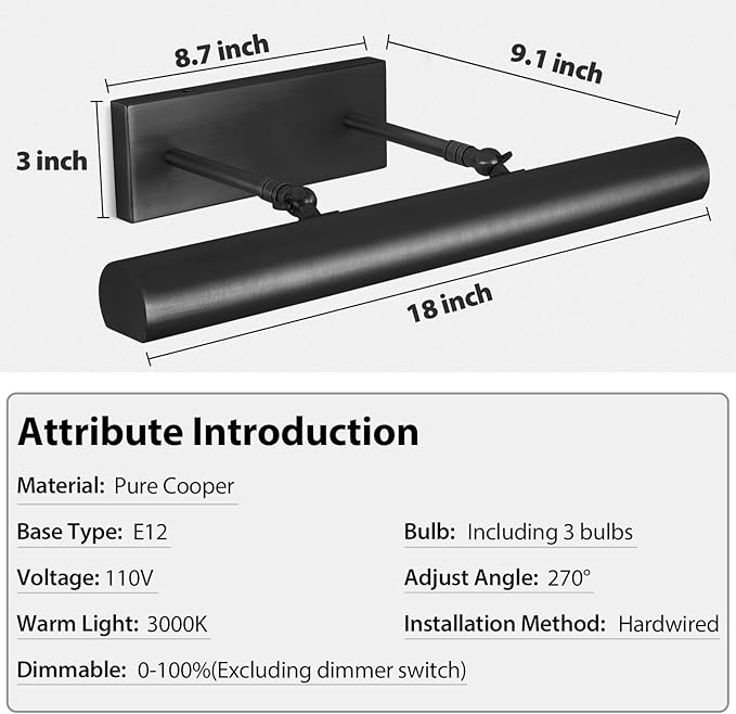 Black Picture Light, 18inch Hardwired Picture Lights, Rotatable Picture Lights for Wall, Wall Lights for Pictures, Linear Art Light for Wall Painting Display Artwork Portrait