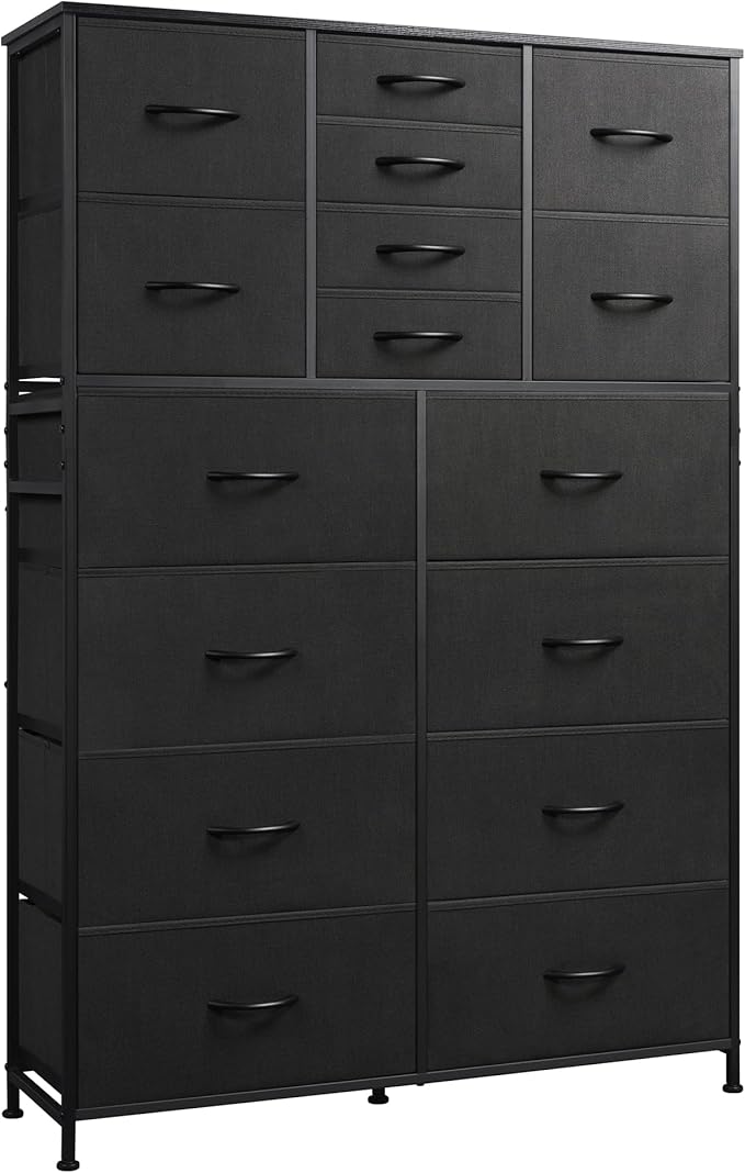 WLIVE Tall Console Table with 16 Fabric Drawers, Entryway Table with Storage, Large Storage Organizer with Wood Top, Steel Frame for Living Room, Hallway, Office, Charcoal Black