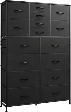 WLIVE Tall Console Table with 16 Fabric Drawers, Entryway Table with Storage, Large Storage Organizer with Wood Top, Steel Frame for Living Room, Hallway, Office, Charcoal Black