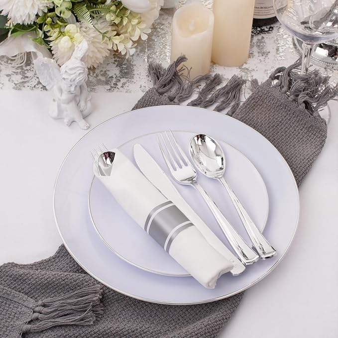 Supernal Silver Plastic Silverware,Rolled Plastic Silverware,Pre Rolled Napkins with Plastic Cutlery Set,Wrapped Plastic Cutlery Set with Napkin,Silverware Set Disposable Dinnerware Set 120 Guests
