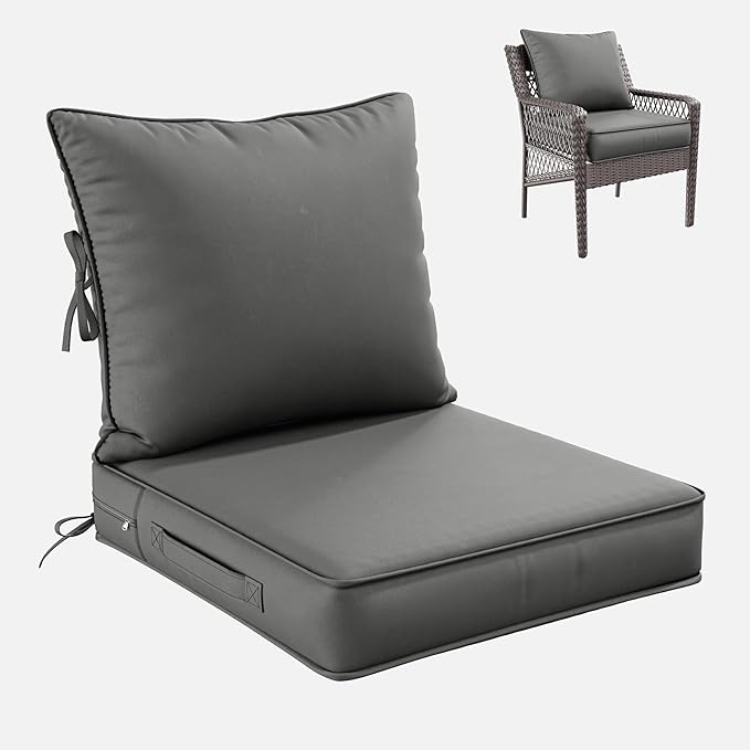 Premium Outdoor Seat Cushion Chair Cushions for Patio Furniture 22 L X 24 W X 4 H Waterproof & Fade Resistant Deep Seat and Backrest Cushion Set with Removable Covers for Chair, Sofa