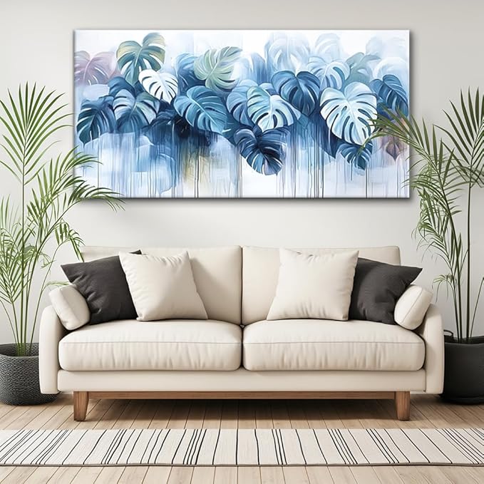Navy Blue Plant Wall Art for Living Room Office Canvas Painting Prints Nature Artwork Dining Room Bedroom Decor (16x30 Inches)