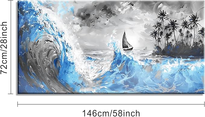 Blue Waves and Sailboat On Black and White Background Wall Art Decor Artwork for Living Room (30x60 Inches)