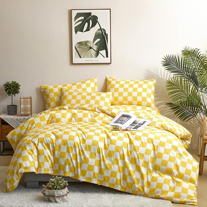 CLOTHKNOW Yellow Plaid Full Comforter Set 3Pcs Grid Bedding Comforter Sets Yellow White Comforter Full Soft Light Yellow Full Size Comforter Sets