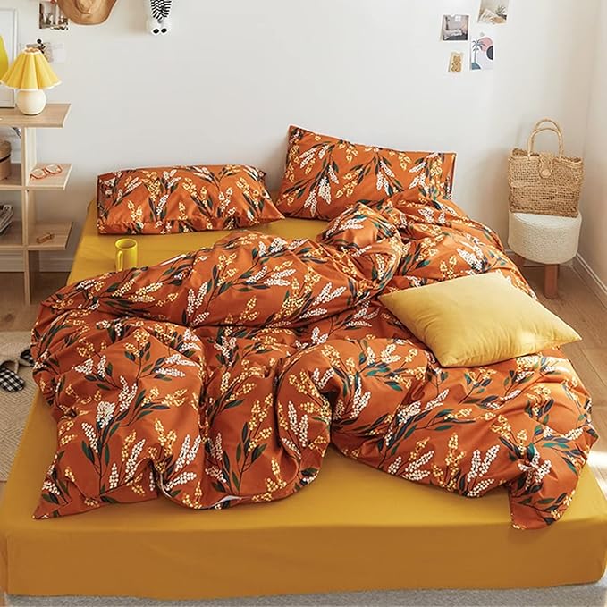 Luxlovery Botanical Floral Comforter Set Queen Orange Bohemian Bedding Comforter Set Women Girls Vintage Style Blanket Quilts Breathable Modern Rustic Leaves Bedding Set Hotel Quality Queen Comforter