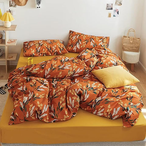 Luxlovery Botanical Floral Comforter Set Queen Orange Bohemian Bedding Comforter Set Women Girls Vintage Style Blanket Quilts Breathable Modern Rustic Leaves Bedding Set Hotel Quality Queen Comforter