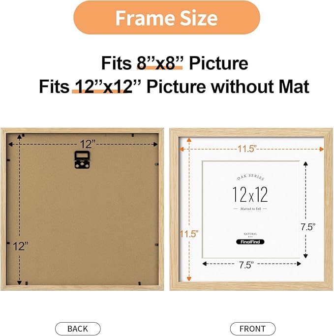 12x12 Frame with Mat for 8x8, Natural Solid Oak Wood Picture Frame with Tempered Glass for Wall Mounting(Single,Oak)