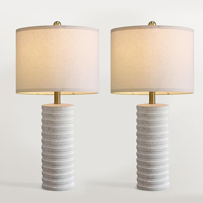 PoKat 27" Farmhouse Ceramic Table Lamps Set of 2 for Bedroom, Stone-Like Rustic Nightstands Lamps for Night Stands, Distressed Neutral Bedside Lamps with Natural Textured for Living Room, Home Decor