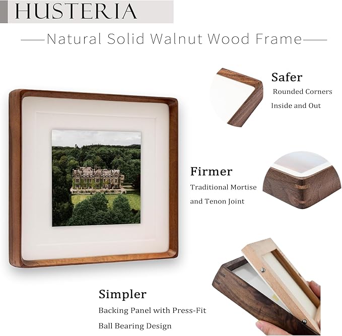 10x10 Square Picture Frame in Natural Walnut Wood, Solid Wooden Frames matted to 6x6/8x8, Gallery Frames for Wall Mount or Tabletop Display