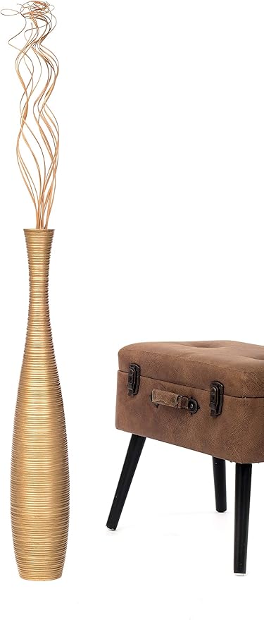 Leewadee Large Gold Home Decor Floor Vase – Wooden 26 inches Tall Farmhouse Decor Flower Holder for Fake Plant and Pampas Grass