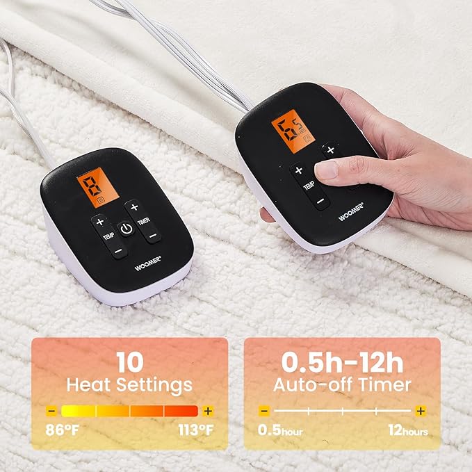 WOOMER Electric Heated Blanket Queen Size, Soft Flannel Fast Heating Blanket, Purple Color, 84"x 90", 10 Heating Levels & 0.5-12H Auto Off, Over-Heat Protection